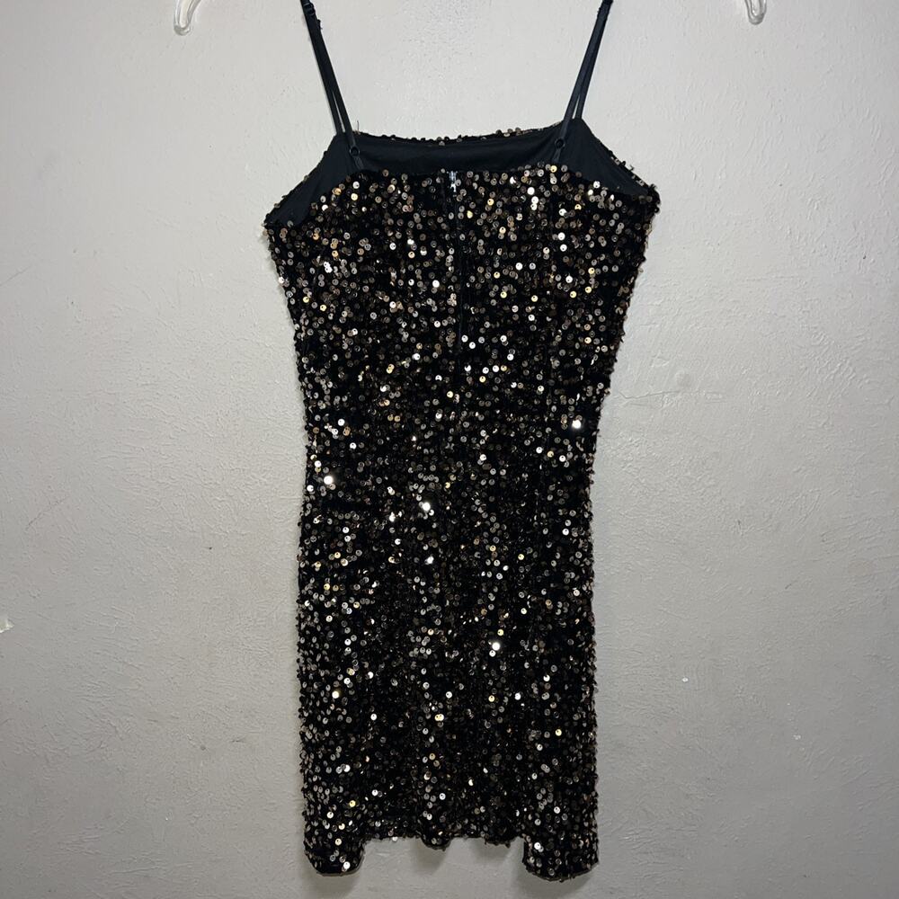 Crystal Sky Gold Sequin Mini Dress XS Black Metallic Spaghetti Strap Party Glam - Picture 7 of 14